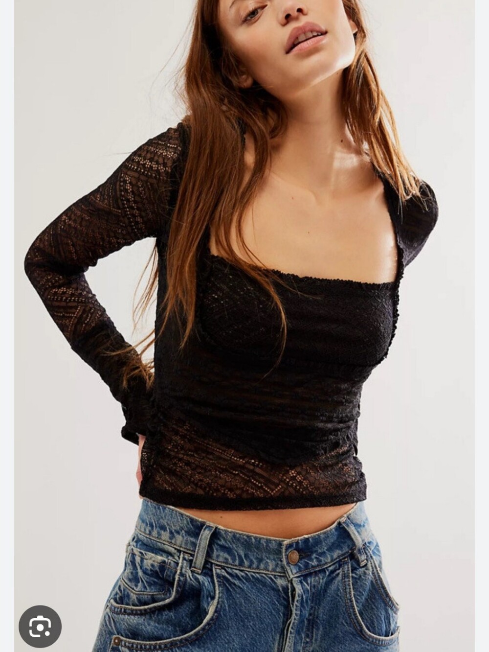 Black Lace Long-Sleeve Square Neck Top - Women